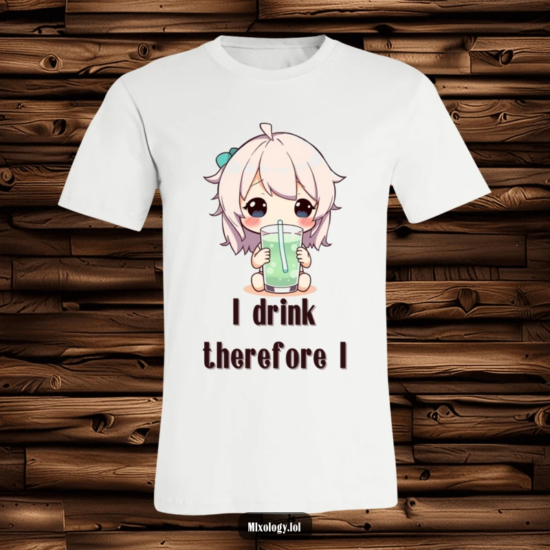 Funny T-Shirt featuring a character with a wide grin, playfully sipping a drink with a ridiculously long, curly whimsical straw.