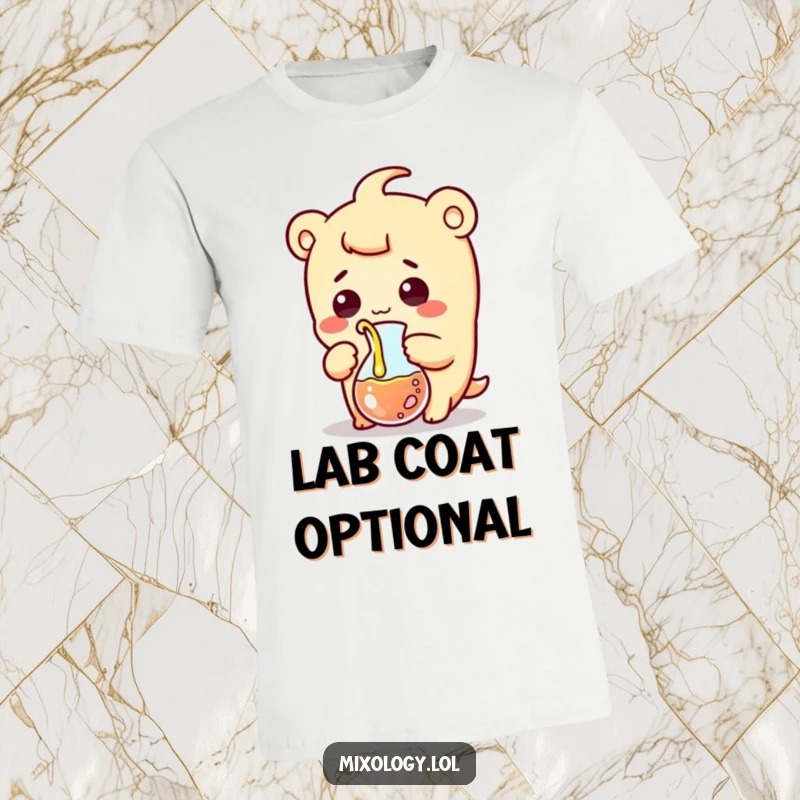Funny t-shirt featuring a surprised kawaii scientist character comically pouring liquid from a beaker with a hilarious, wide-eyed grin.