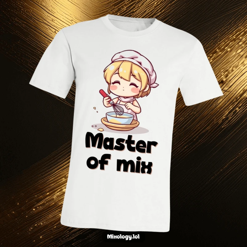 Funny t-shirt depicting a character enthusiastically mixing ingredients with a small whisk, highlighting culinary fun.