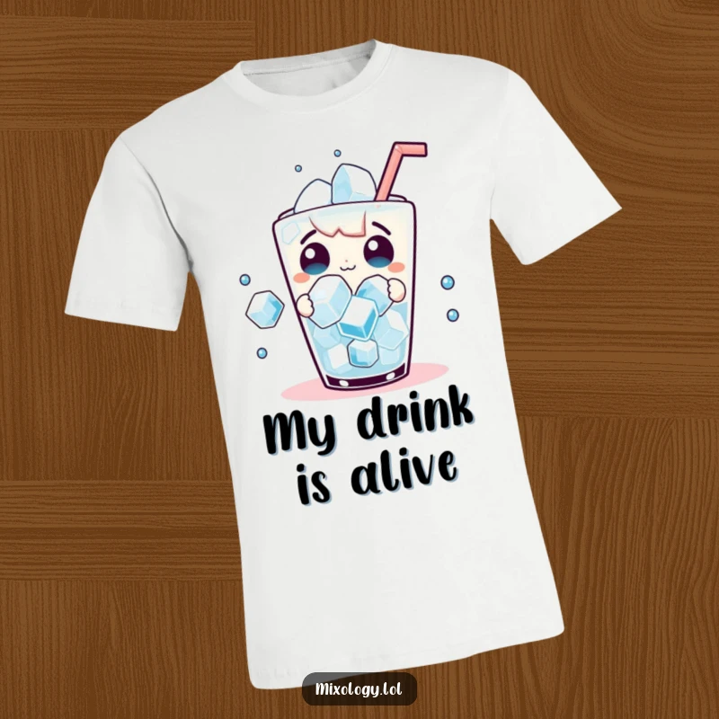 Funny T-Shirt: Character surprised by dancing ice cubes in their drink, a humorous and whimsical scene.