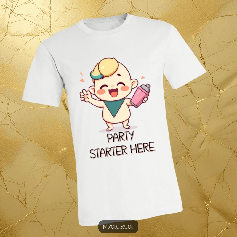Funny t-shirt with a cute character gleefully shaking a cocktail shaker with a joyful expression, perfect for party vibes.