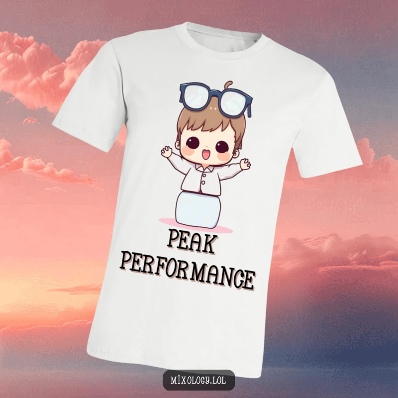 Funny T-Shirt with a character precariously holding a high stack of various drinking glasses, a look of pure, delighted concentration.