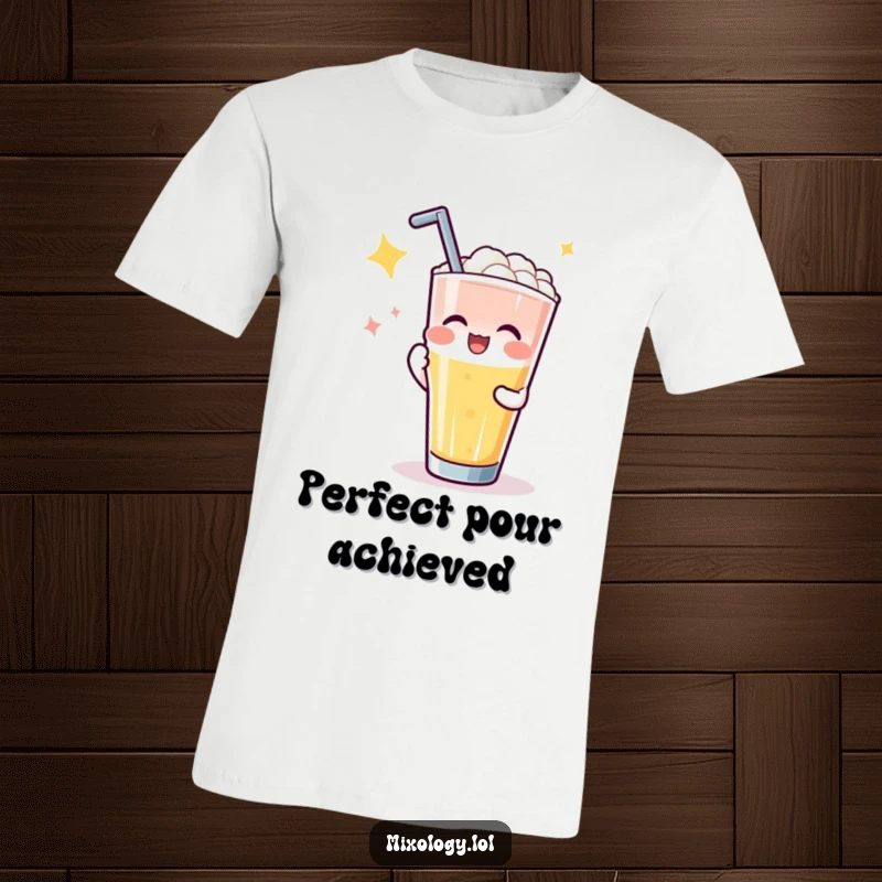 Funny t-shirt with a happy character getting applause for a perfect drink pour, ideal for aspiring mixologists and party hosts.