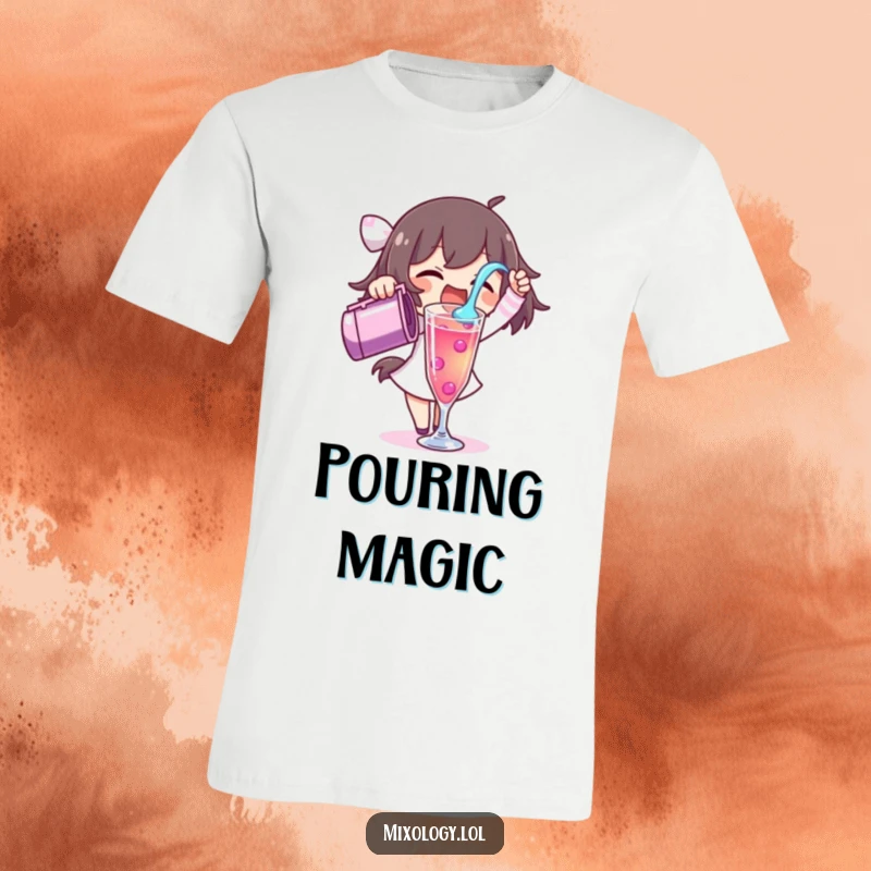 Funny t-shirt depicting a character excitedly pouring a vibrant liquid into a tall glass, showcasing enthusiastic mixology.