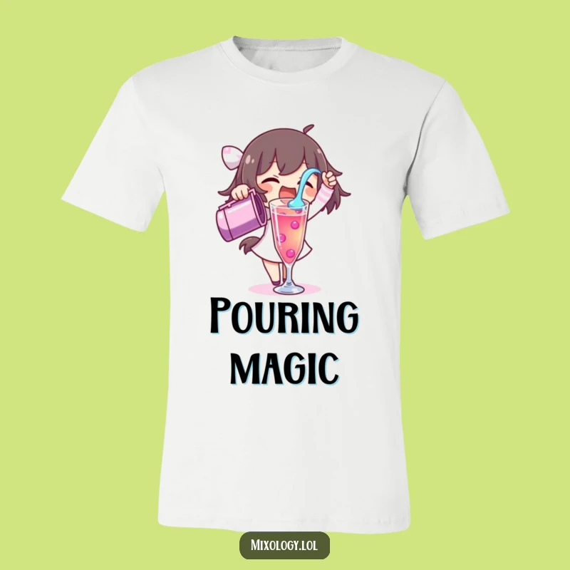 Funny Pouring Liquid T-Shirt: Excited Character's Vibrant Mix, Ideal Fun Tee