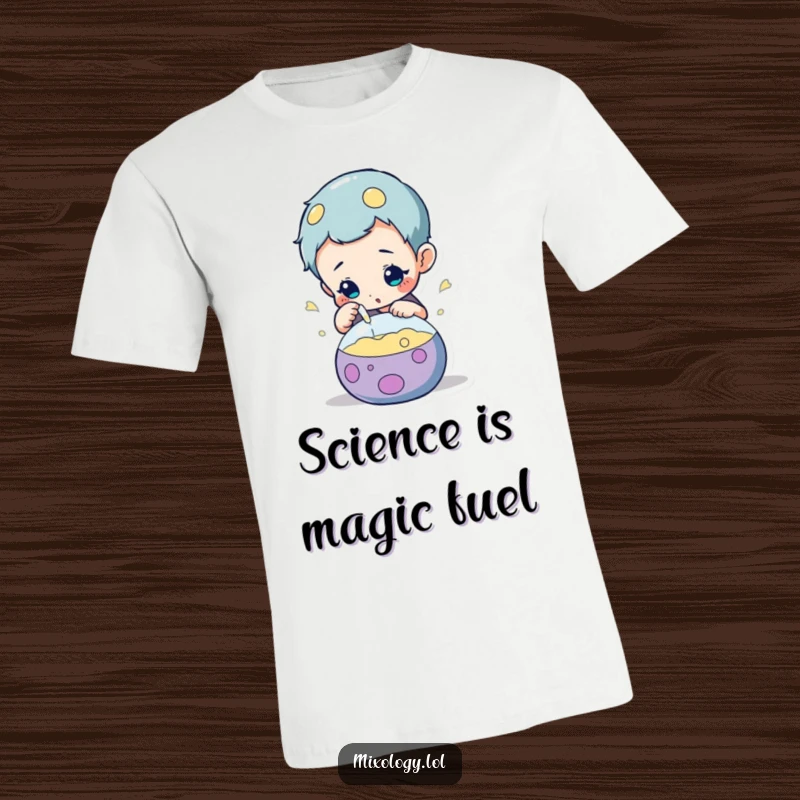 Funny t-shirt showcasing a curious character leaning over a bubbling, colorful concoction, embodying the spirit of scientific exploration.
