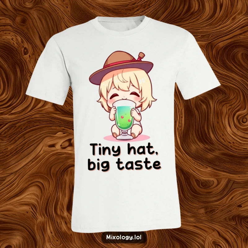 Funny T-Shirt showing a charming figure in a tiny hat, smiling while tasting a vibrant, colorful drink.