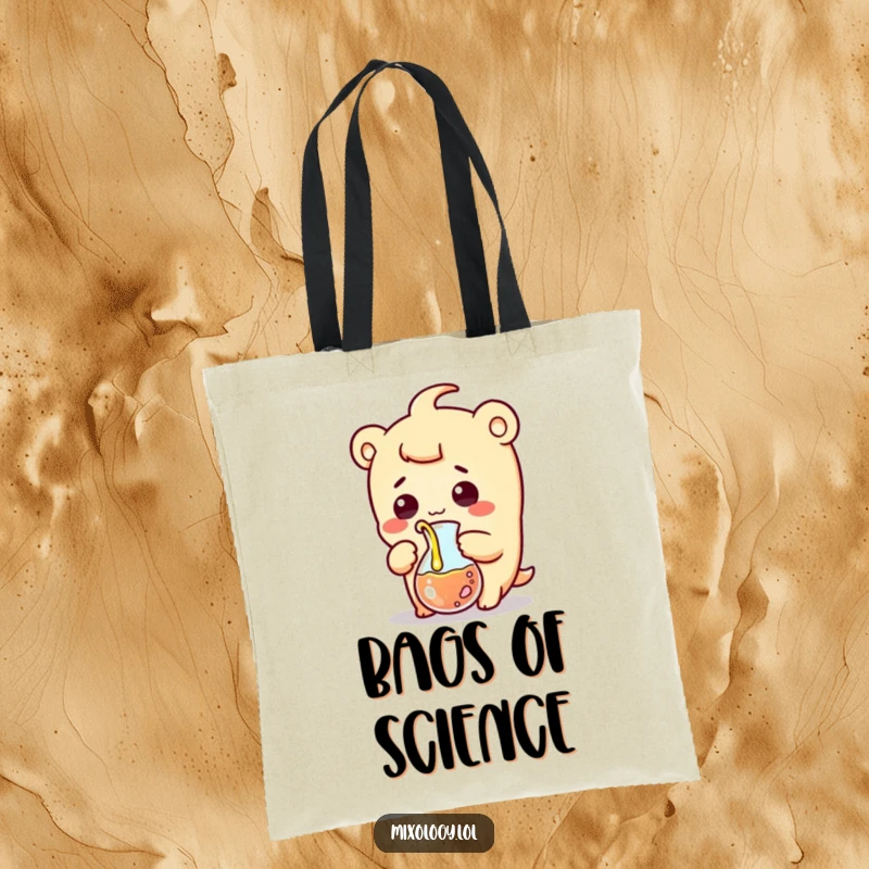 Funny tote bag showcasing a surprised kawaii character comically pouring liquid from a beaker, with a comical, wide-eyed expression.