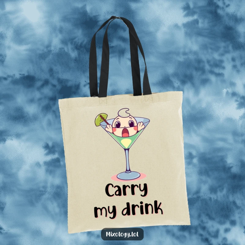 Funny tote bag illustration of a surprised character emerging from a large martini glass, ready for a night out.