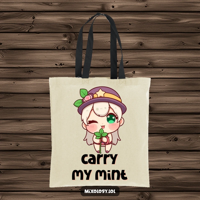 Funny tote bag illustration of a character winking while holding a sprig of mint, perfect for carrying daily items.