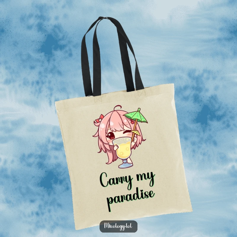 Funny tote bag illustrating a winking character expertly garnishing a drink with a bright, tiny umbrella, ready for a party.