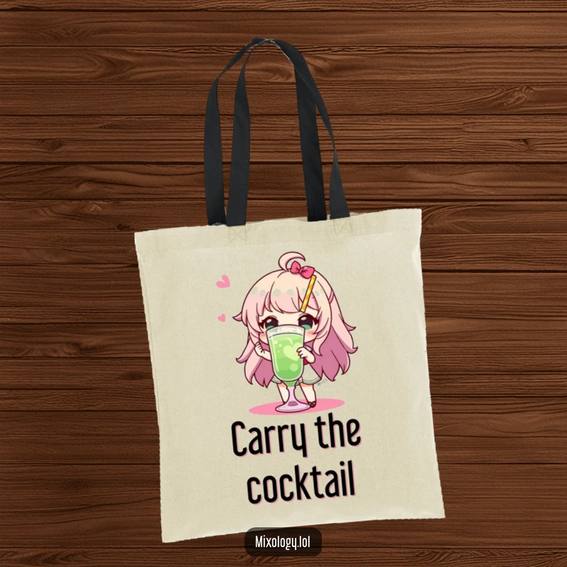 Funny Tote Bag: Lively character displays exceptional flair presenting a fancy drink, a visually humorous and practical accessory for daily adventures.