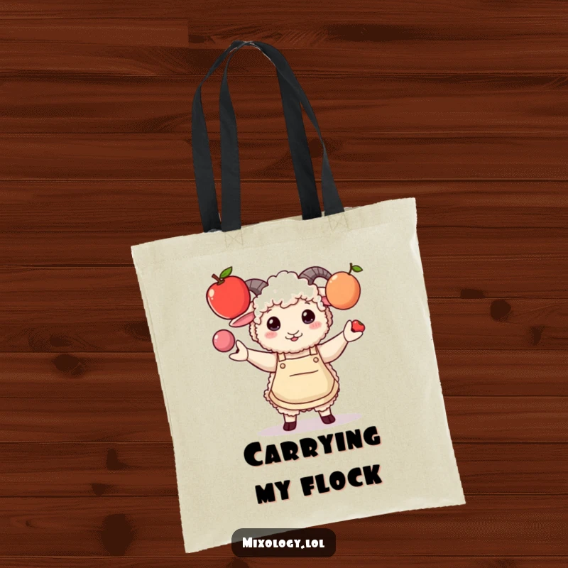 Funny tote bag with a fluffy sheep in a stylish apron comically juggling three fruits, a humorous and functional accessory.