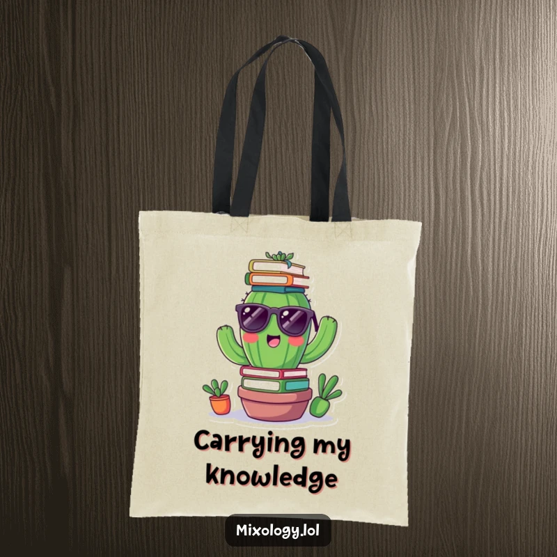 Funny tote bag with a cheerful cactus in tiny sunglasses balancing books on its head, a humorous and functional accessory.