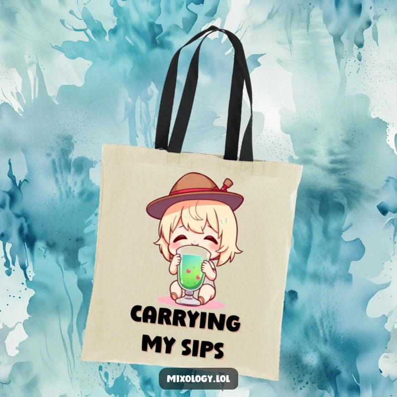 Funny Tote Bag with a charming figure in a tiny hat, smiling while tasting a colorful drink, perfect for daily use.