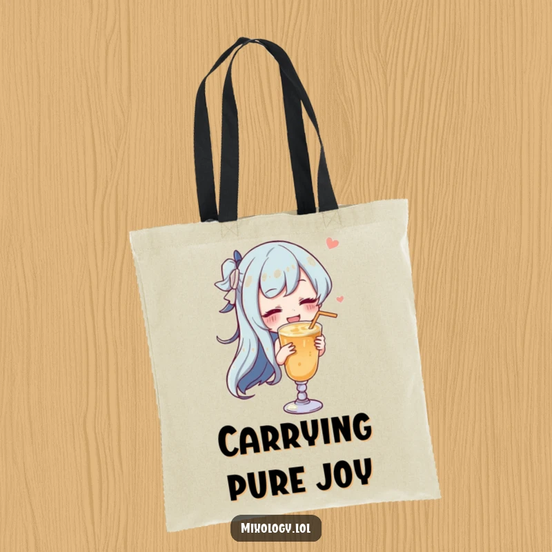 Funny character gracefully swirling a drink with a satisfied sigh on a durable tote bag.