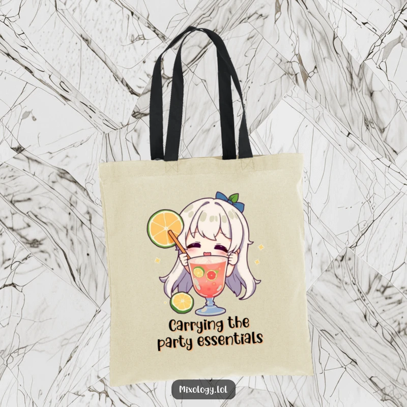 Funny character tote bag, joyfully garnishing a drink with a fruit slice, ideal for carrying party supplies with flair.