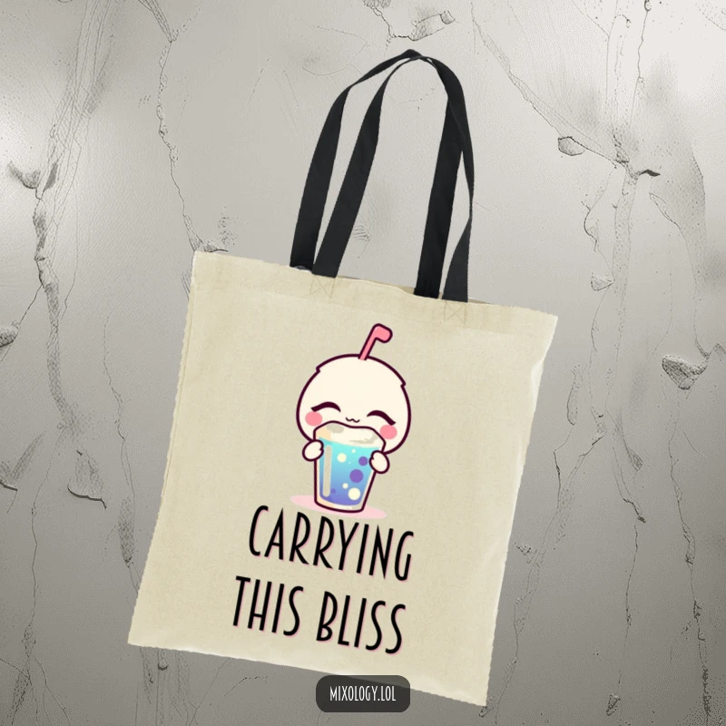 Funny Tote Bag with a bubbly icon eyes closed, blissfully sipping a drink, symbolizing relaxation and enjoyment. Great for errands.