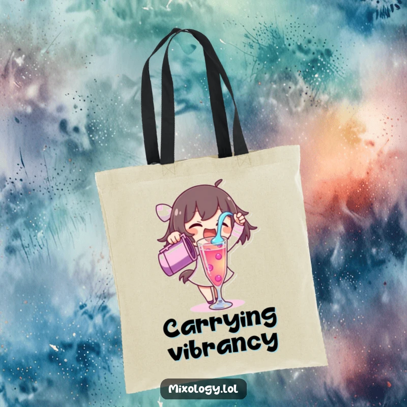 Funny tote bag showcasing a character excitedly pouring a vibrant liquid into a tall glass, perfect for everyday use.