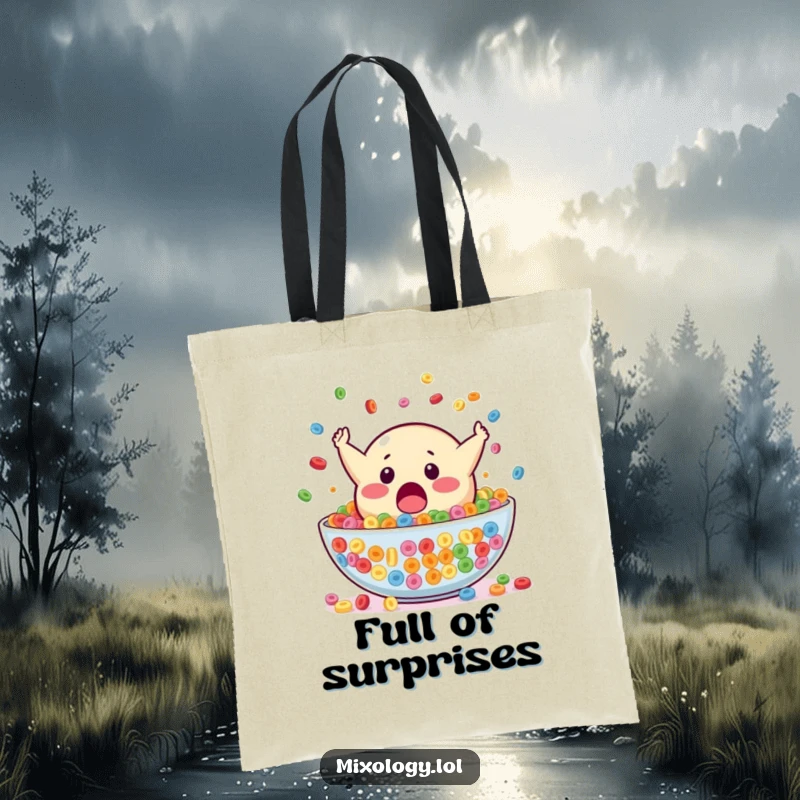 Funny tote bag featuring a surprised blob mascot falling headfirst into a large bowl of colorful cereal, a humorous and functional accessory.
