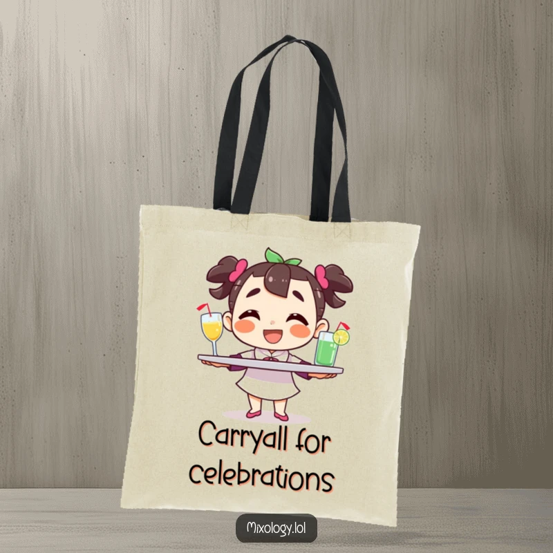 Funny character tote bag, balancing a tray of drinks with a wide grin, ideal for carrying party supplies with celebratory flair.
