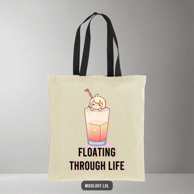 Funny Tote Bag: Cheerful character floats on a large ice cube in a drink, carrying essentials with cool humor.