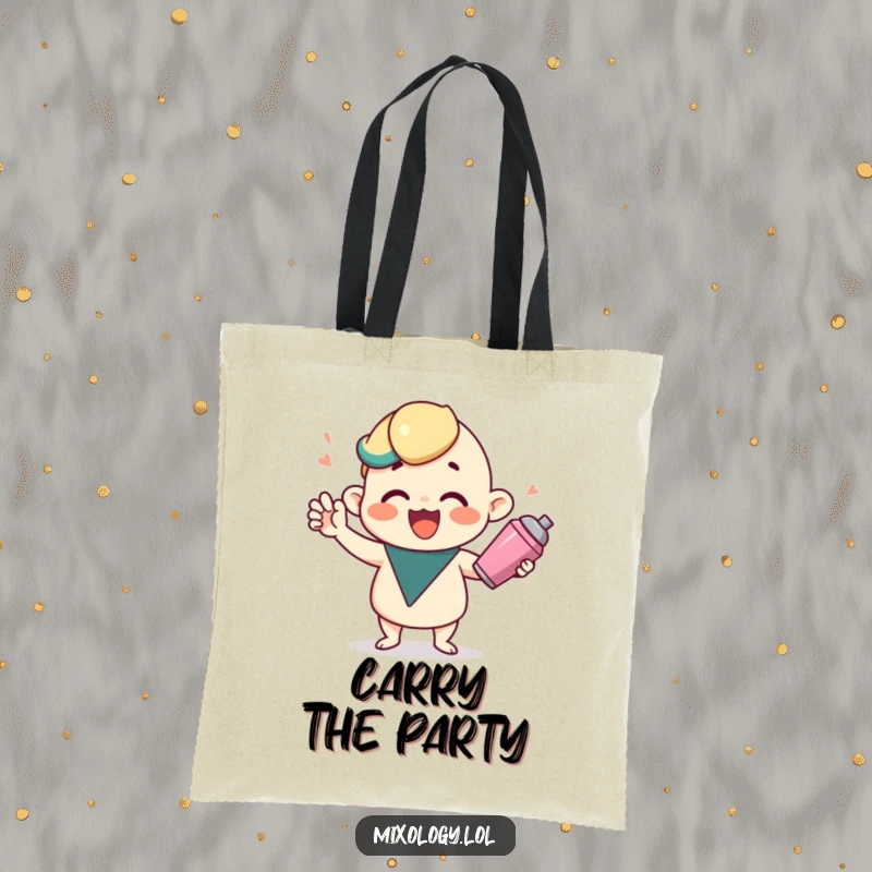 Funny tote bag with a cute character shaking a cocktail shaker, perfect for carrying items with festive flair.