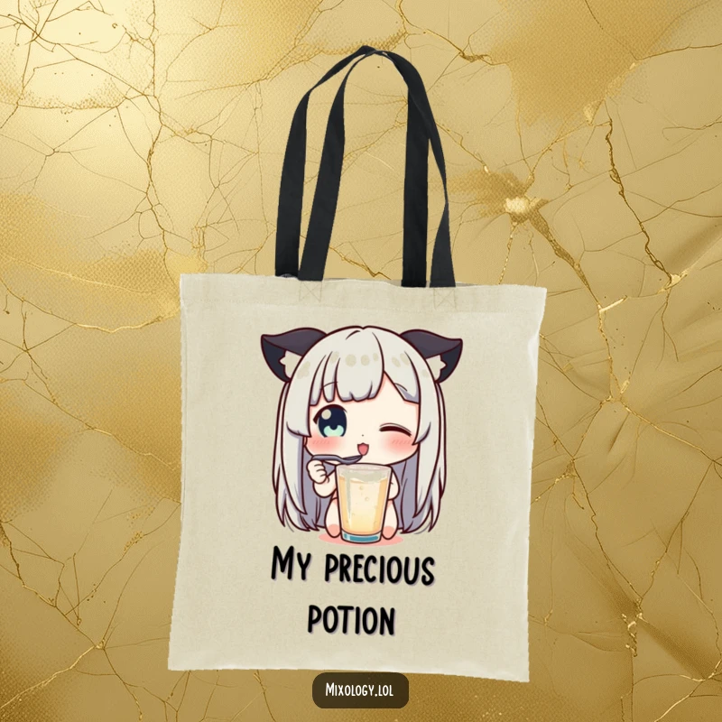 Funny tote bag featuring a character's delighted eyes tasting a drink with a tiny spoon, a useful funny gift.