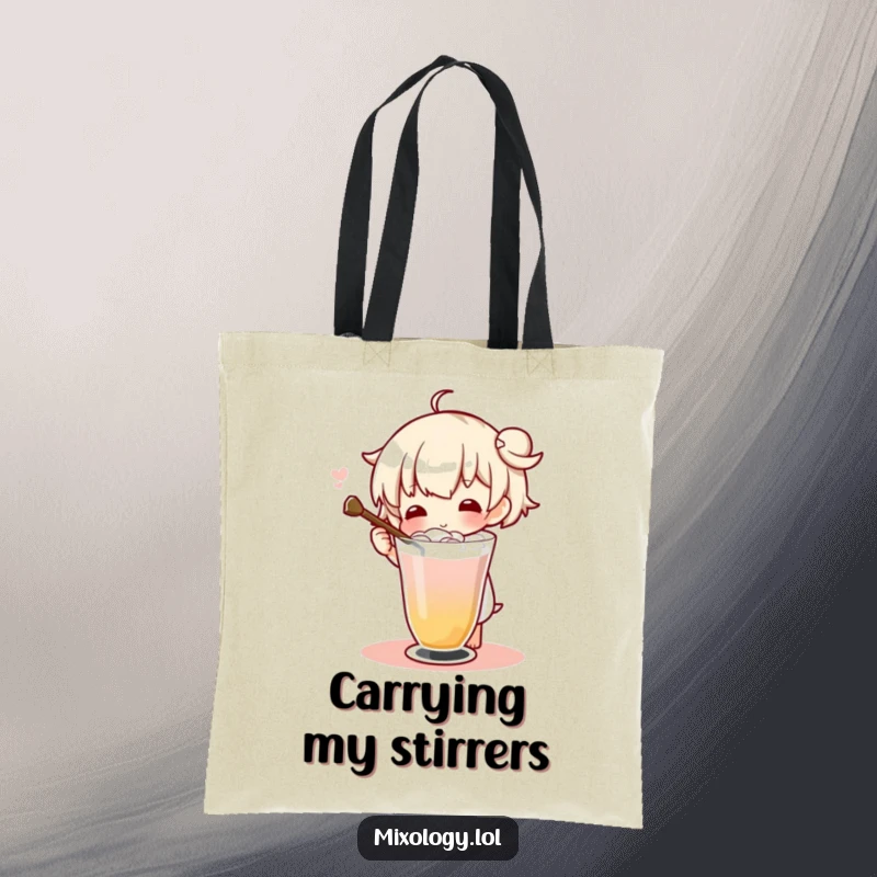 Funny character using a long stirrer to twirl a drink with sophisticated flair, on a practical tote bag.