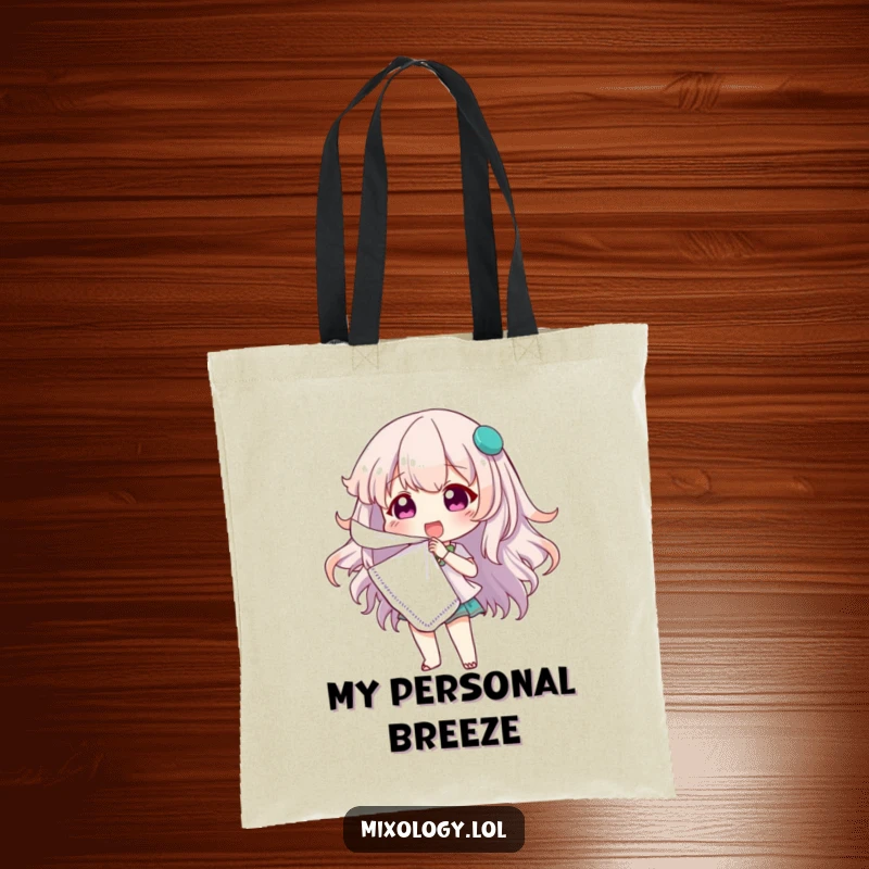 Funny tote bag starring a cute character dramatically fanning themselves with a cocktail napkin, showing a humorous take on staying cool.