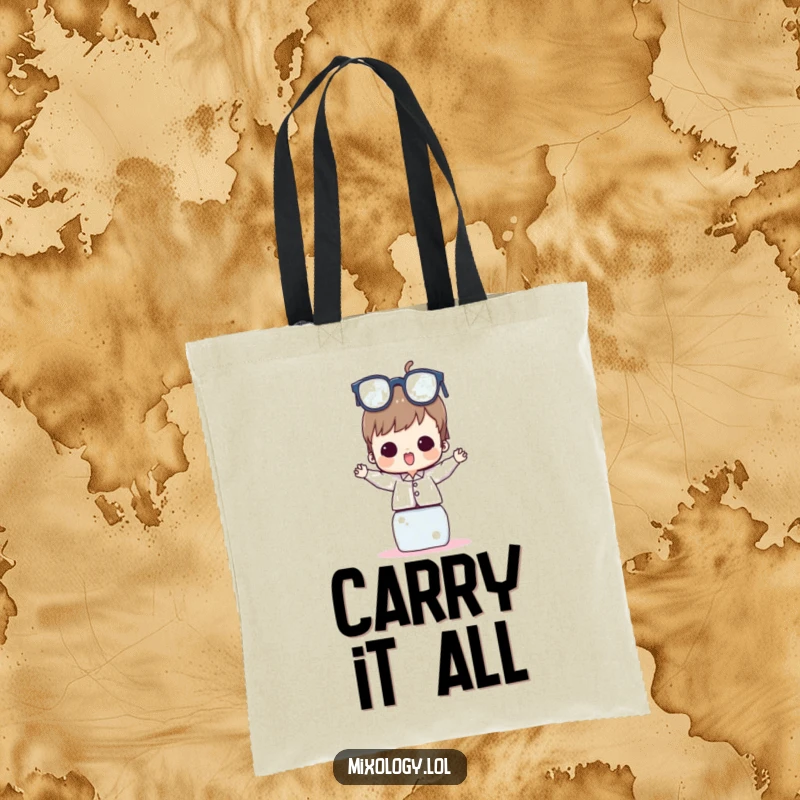 Funny Tote Bag featuring a character carefully holding a large stack of assorted glasses, symbolizing impressive balancing acts.
