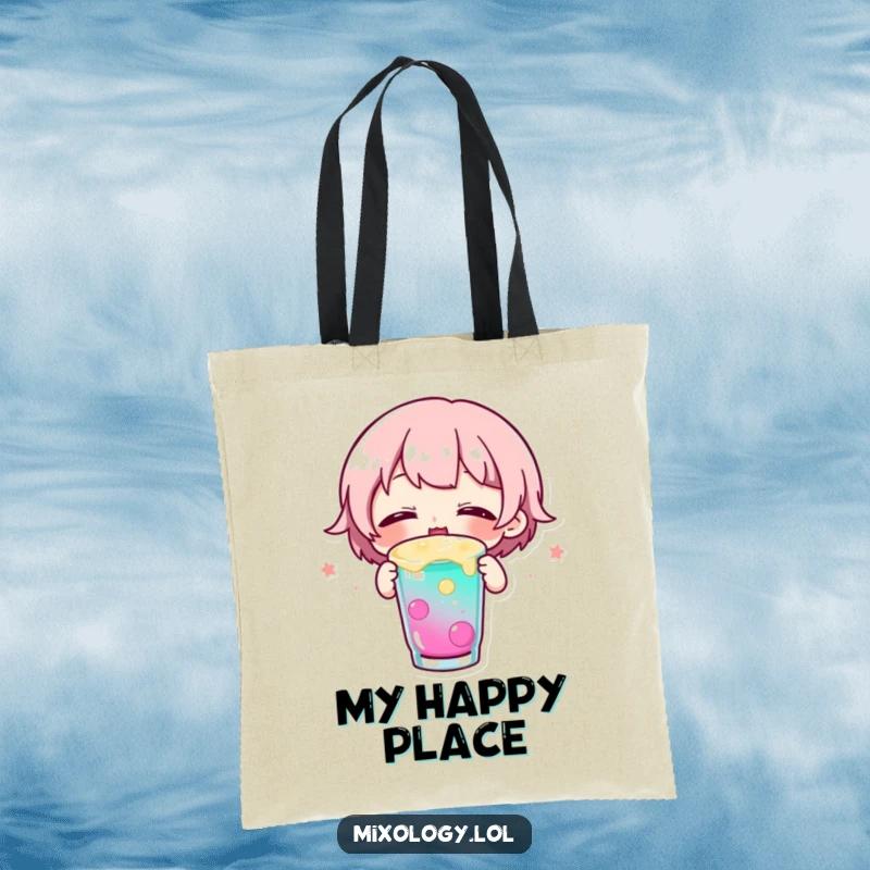 Funny tote bag showing a small character joyfully sipping a colorful drink with eyes closed, radiating happiness and contentment.