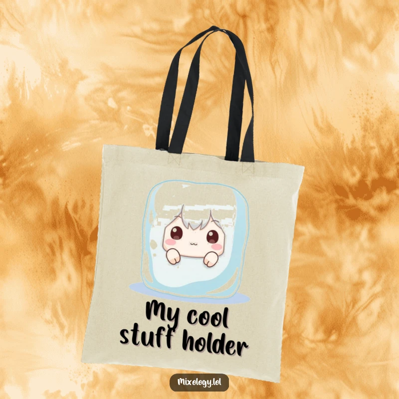 Funny tote bag with a character peeking out from behind a large ice cube, eyes wide with a humorous, sneaky expression.