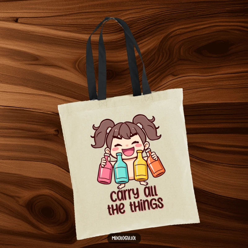 Funny tote bag with a mischievous character juggling colorful bottles, great for shopping, gym, or carrying your daily essentials with flair.