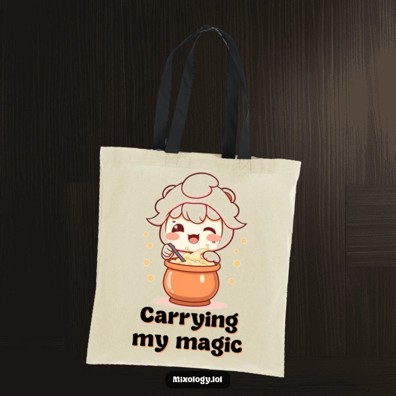 Funny tote bag with a delighted kawaii character stirring a bubbling potion, perfect for carrying magical ingredients and more.