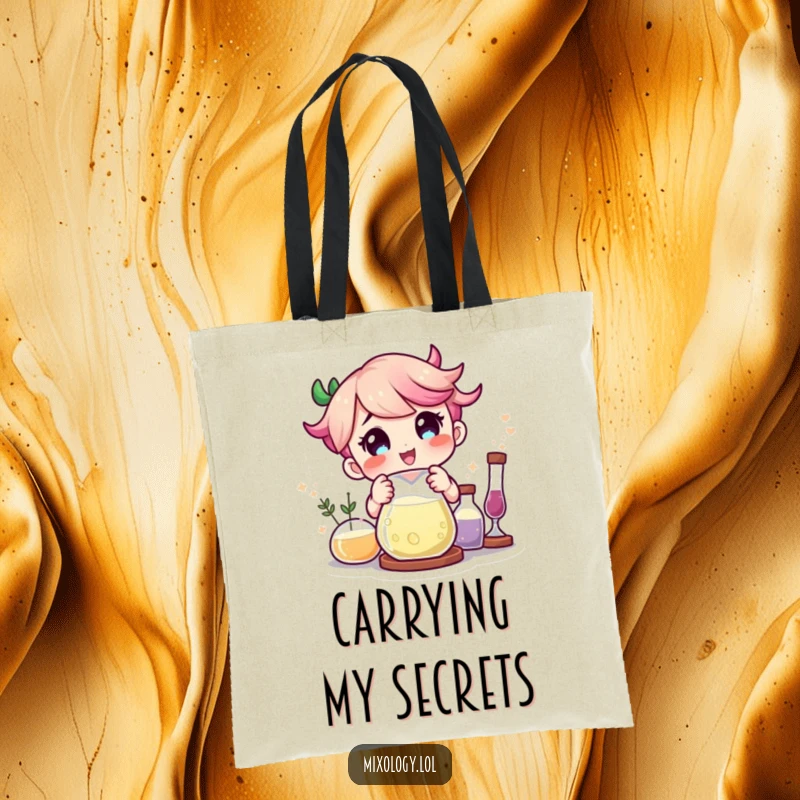 Funny character delighted by magical ingredients combining in a beaker on a durable tote bag.