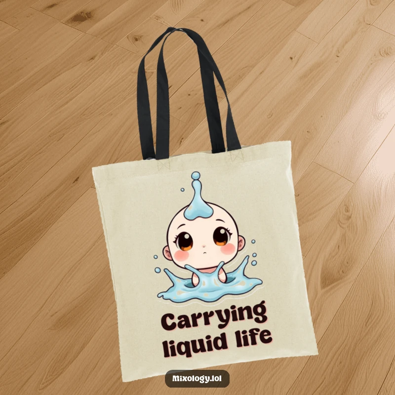 Funny tote bag depicting a tiny character with wide eyes reacting to a splash, a playful accessory for carrying essentials.