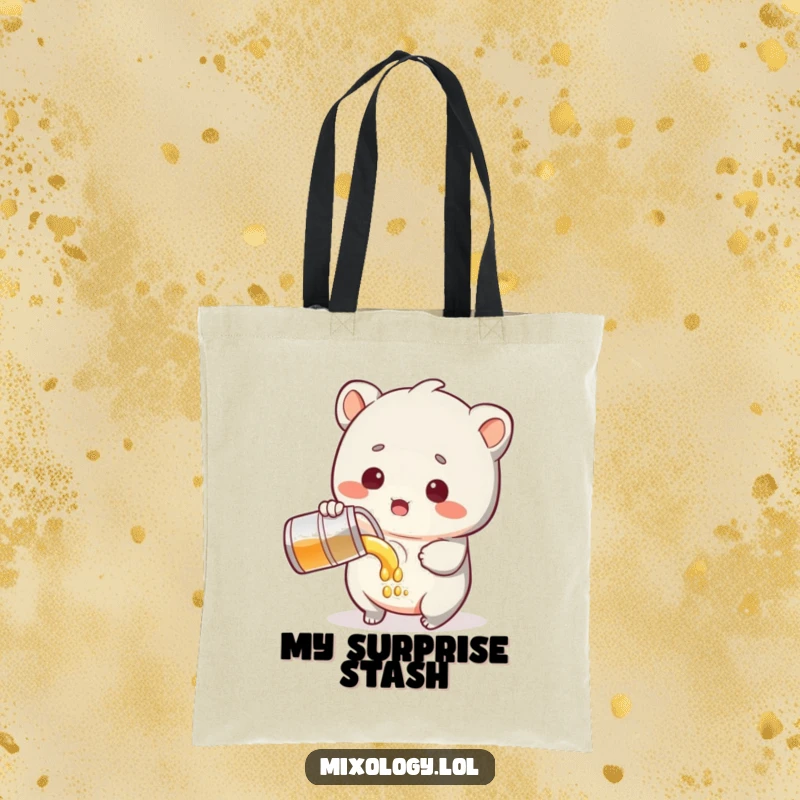Funny Tote Bag featuring a sweet creature with a surprised expression while pouring liquid, perfect for carrying essentials with a smile.