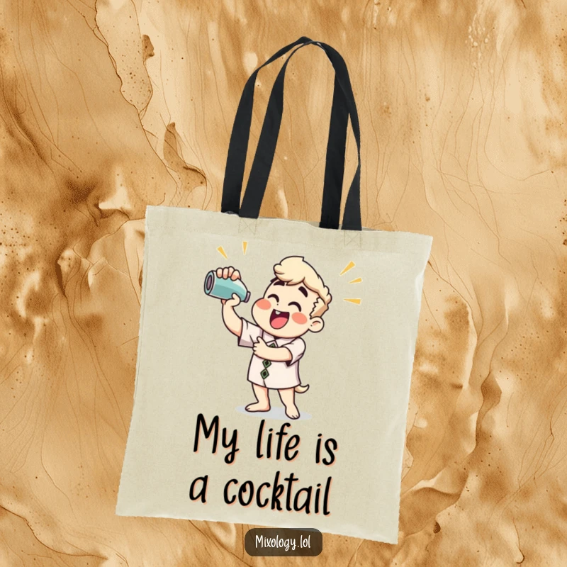 Funny Tote Bag: Enthusiastic character vigorously shaking a cocktail mixer, perfect for carrying essentials with a smile.