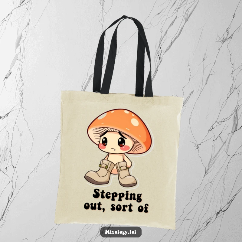 Funny Mushroom Tote Bag: A bewildered mushroom character accidentally wearing two distinct mismatched boots, carrying humor.